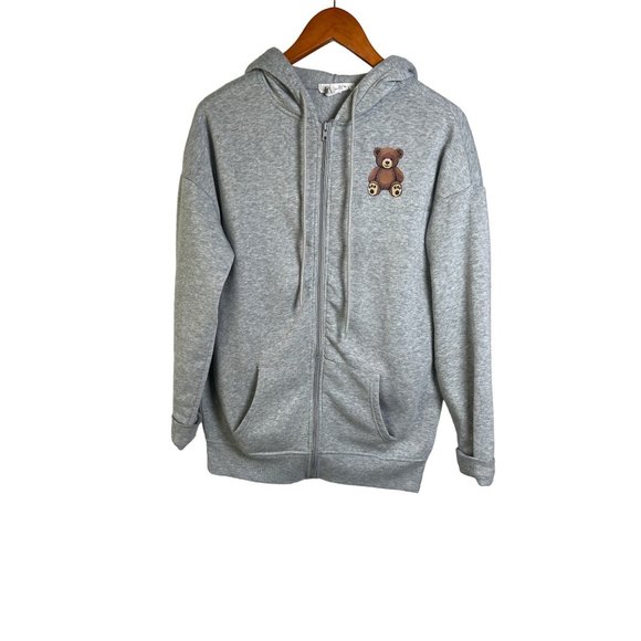 Birch & Stone “Cute But Psycho” Zip Up Teddy Bear Hoodie Sweater Gray Size S - Picture 2 of 7
